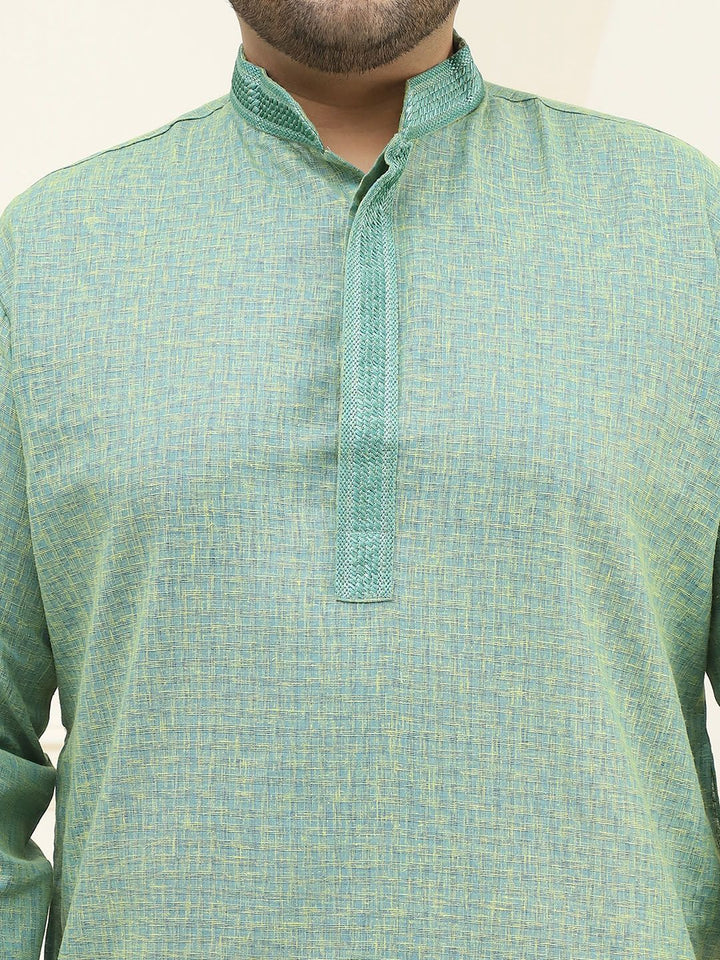 SOJANYA PLUS Men Plus Size Green Self-Checked Cotton Straight Kurta