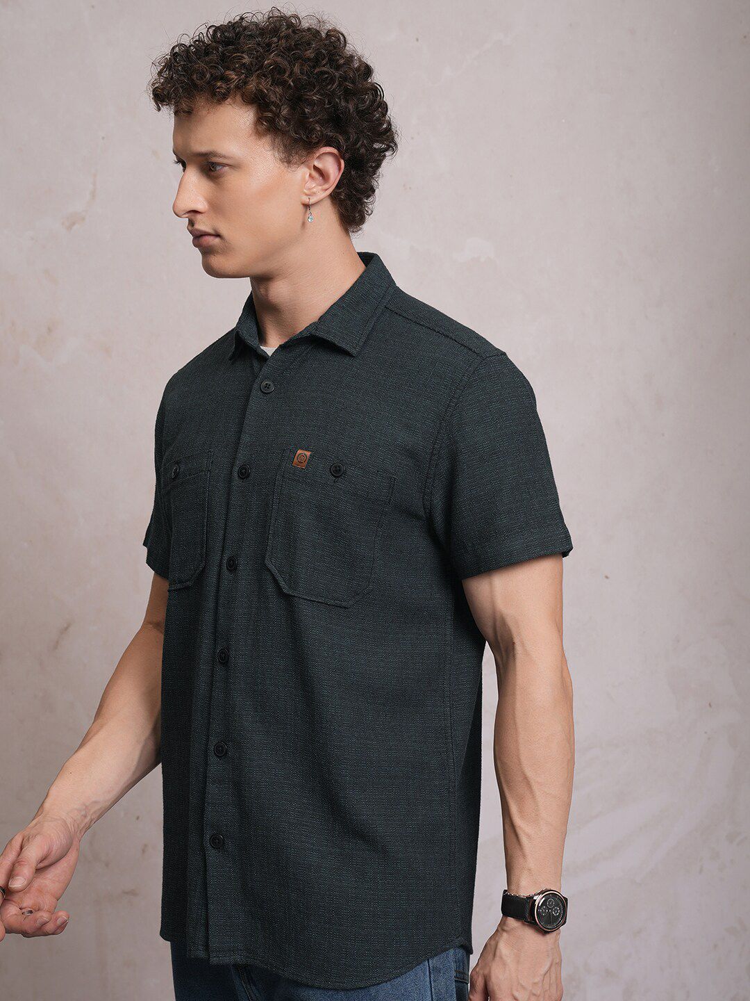 Locomotive Men Black Dobby Textured Checked Utility Pocket Regular Shirt