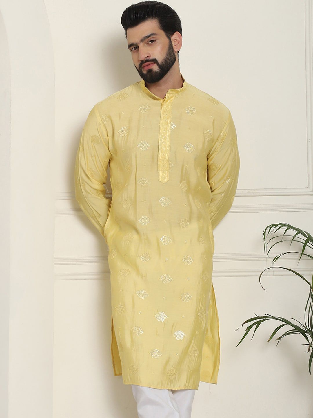 SOJANYA Kurta Lurus Sutera Berhias Geometrik Kolar Mandarin Kapas