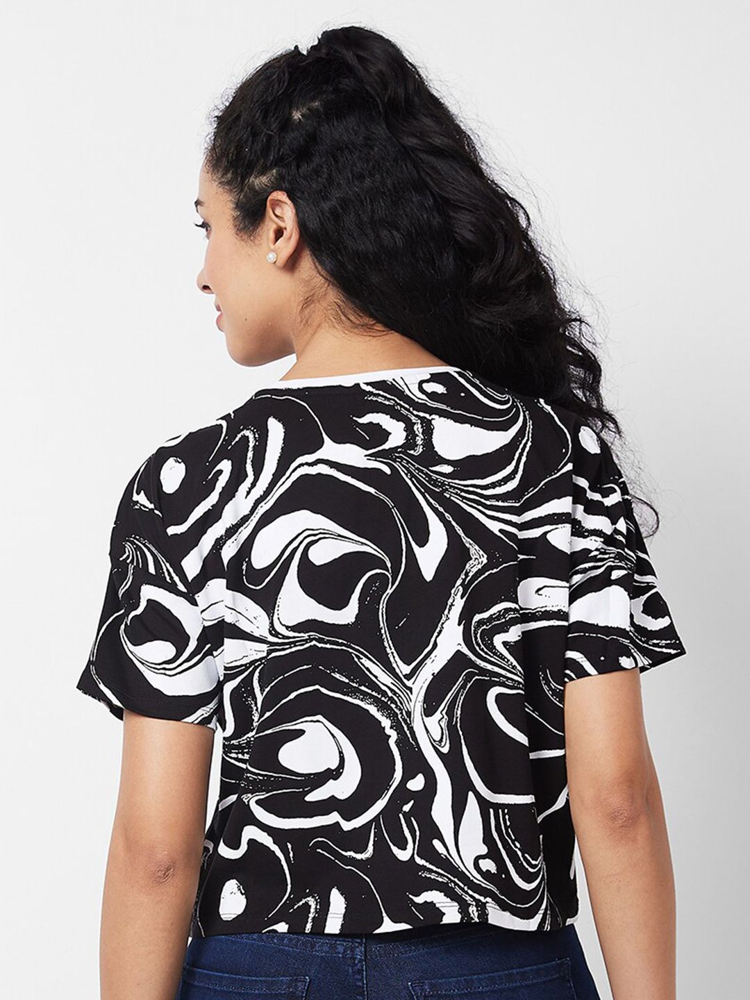 SPYKAR Abstract Printed Round Neck Half Sleeves Cotton Boxy T-shirt