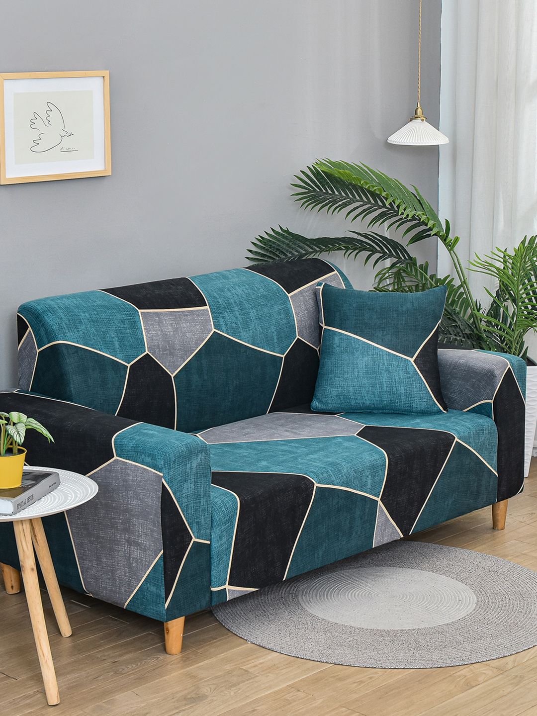 Story@home Blue & Black Printed 3 Seater Stretchable Sofa Cover With Arms