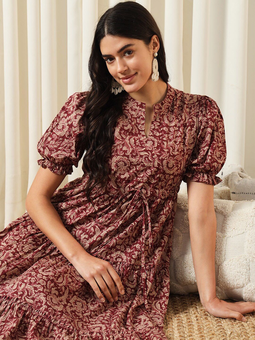 KALINI Floral Printed Mandarin Collar Puff Sleeves Cotton Fit and Flare Dress