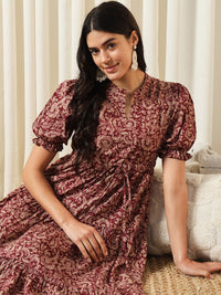 KALINI Floral Printed Mandarin Collar Puff Sleeves Cotton Fit and Flare Dress