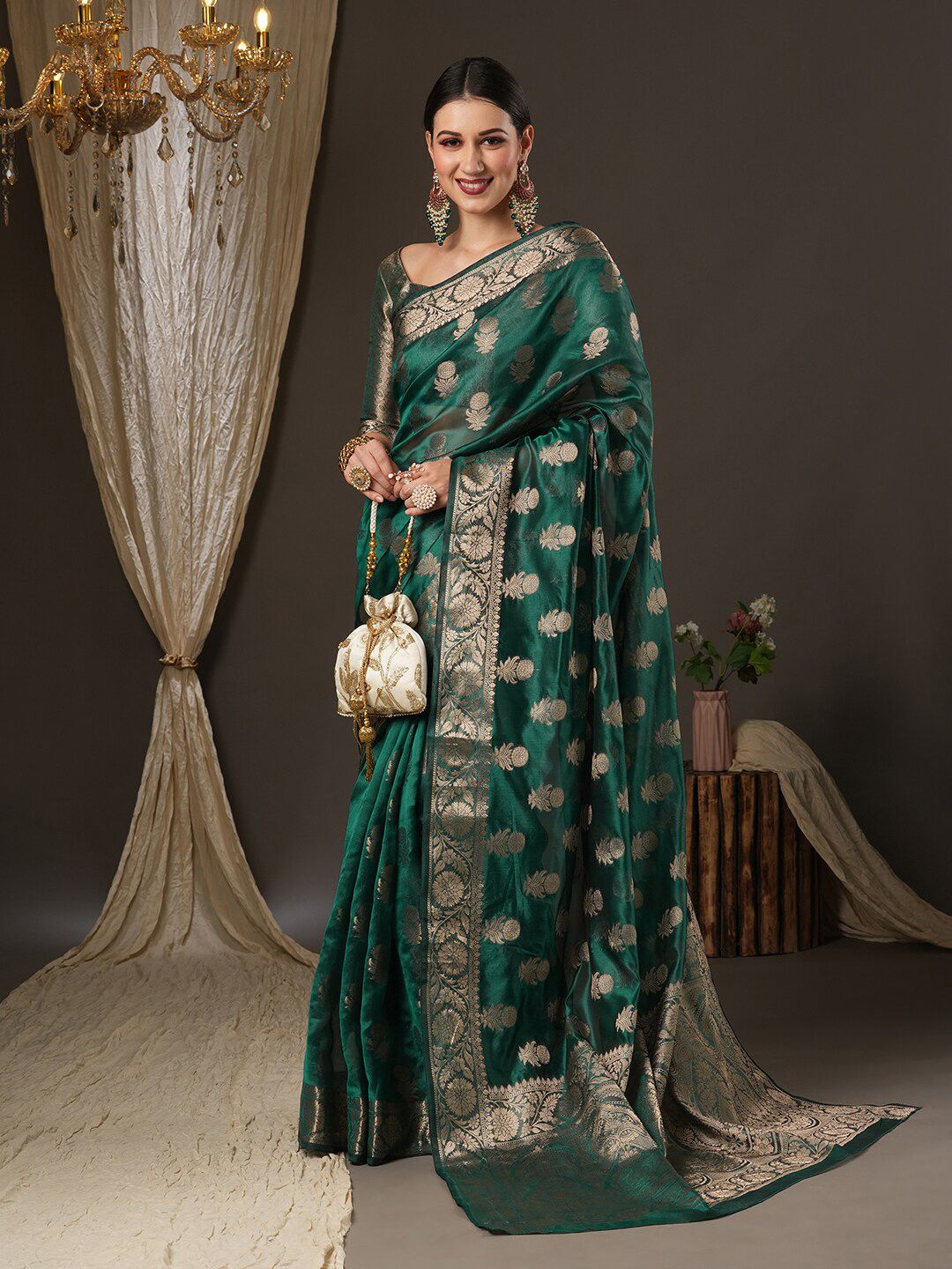 Saree mall Teal Green & Gold-Toned Woven Design Zari Organza Bagh Sarees