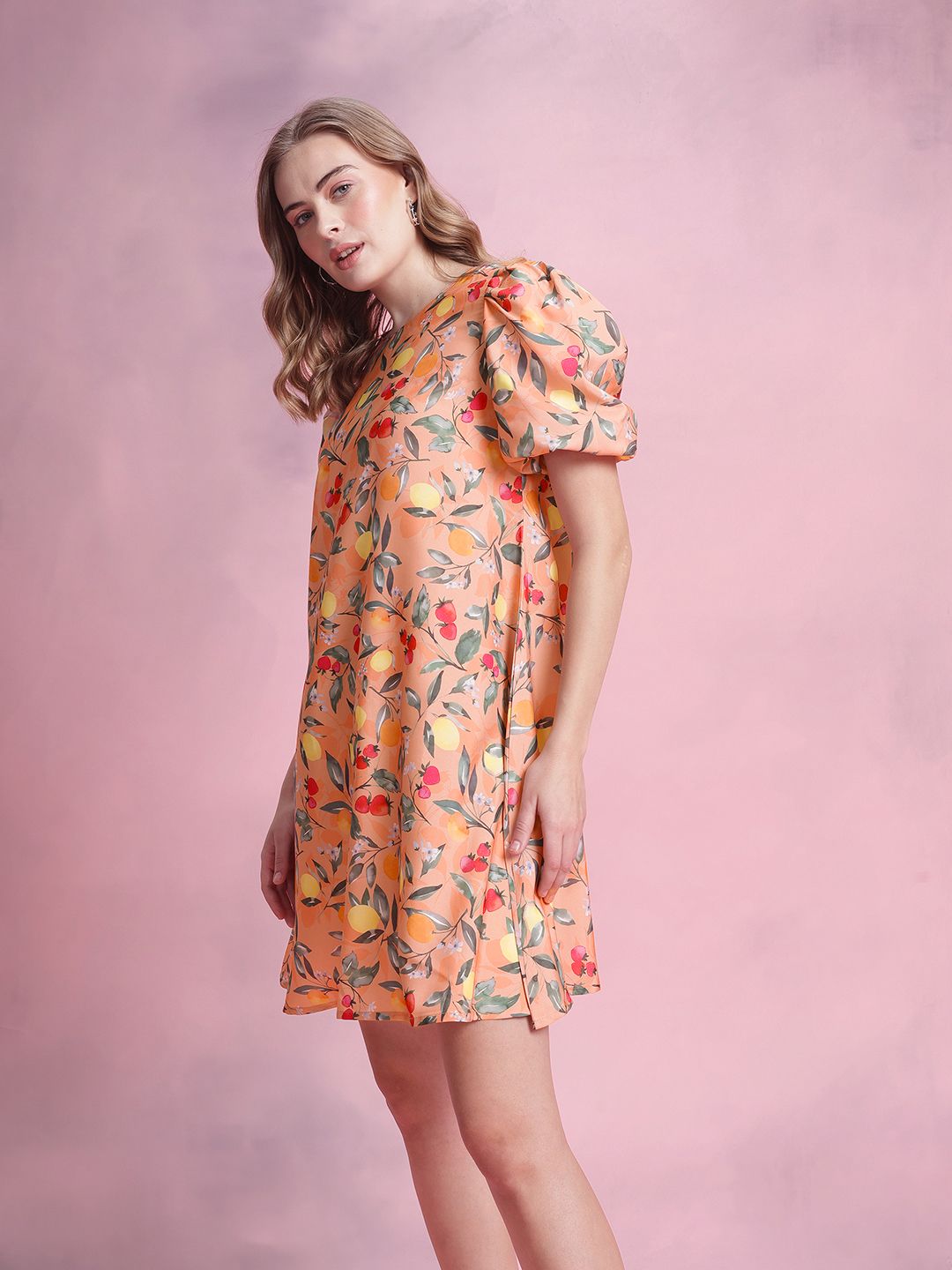 DressBerry Tropical Print Puff Sleeve A-Line Mini Dress