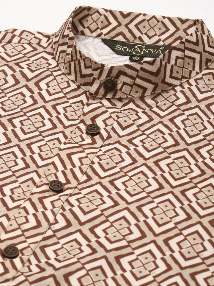 SOJANYA Lelaki Brown & Beige Pure Cotton Geometric Printed Kurta