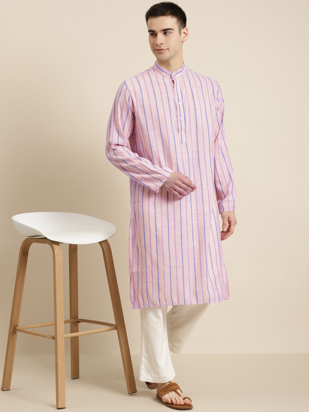 SOJANYA Men Pink & Blue Pure Cotton Striped Kurta