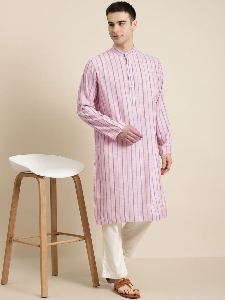 SOJANYA Men Pink & Blue Pure Cotton Striped Kurta