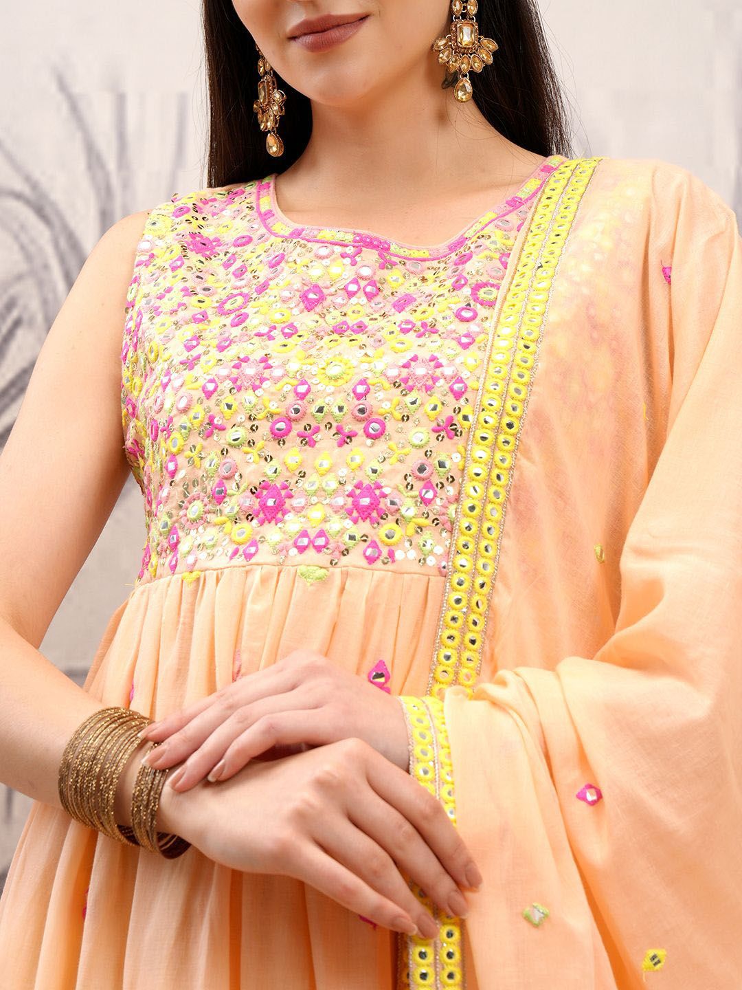 Vishudh Orange Embroidered Regular Mirror Work Pure Cotton Kurta with Trousers & Dupatta