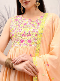 Vishudh Orange Embroidered Regular Mirror Work Pure Cotton Kurta with Trousers & Dupatta
