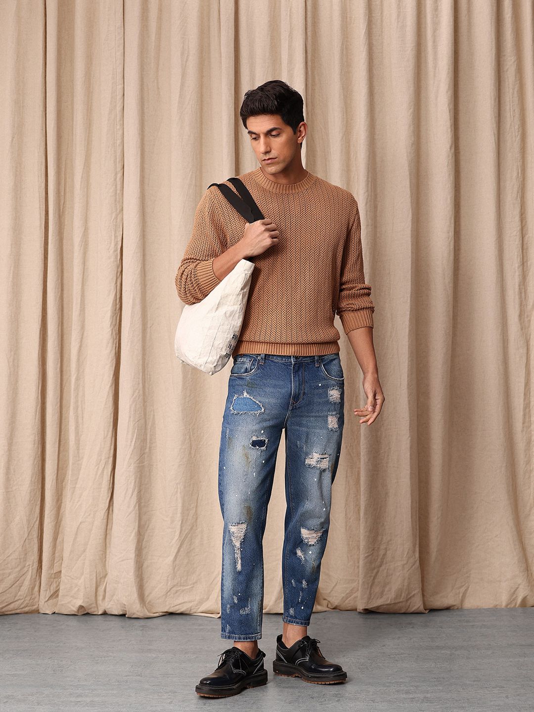 Mr Bowerbird Men Cropped Tapered Fit Mildly Distressed Heavy Fade Printed Jeans