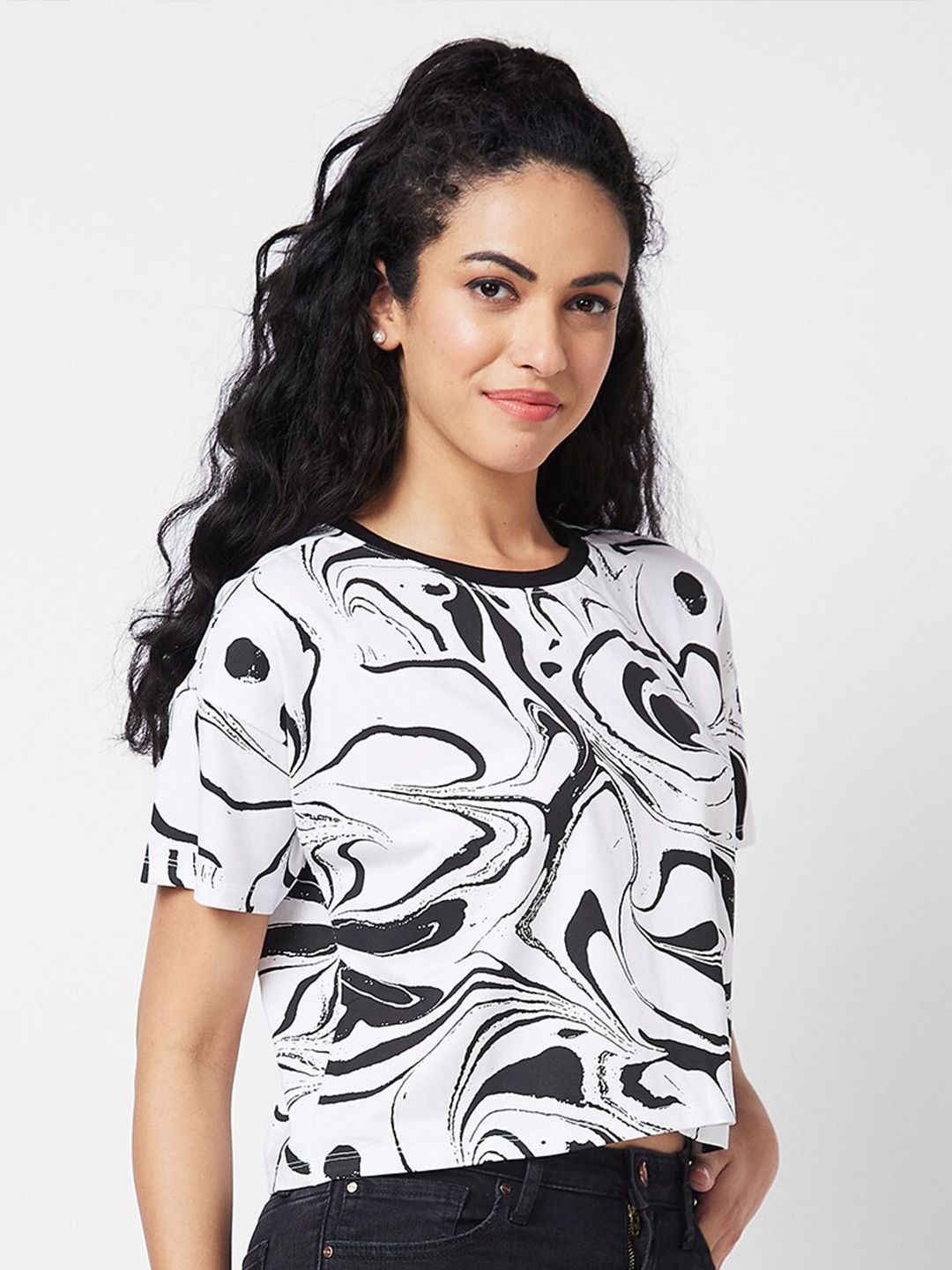SPYKAR Abstract Printed Round Neck Cotton Boxy T-shirt
