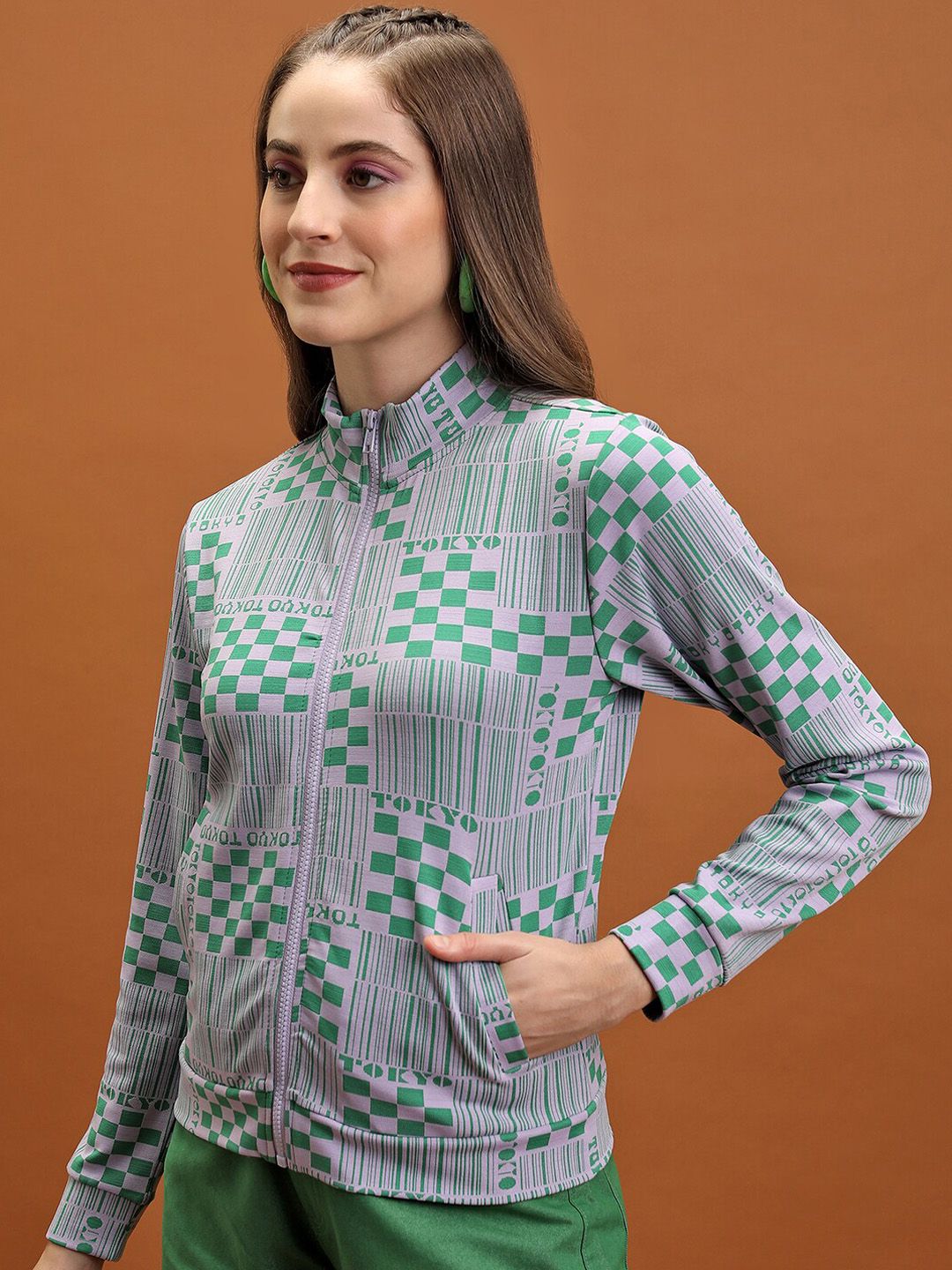 Tokyo Talkies Grey Geometric Printed Mock Collar Jacquard Open Front Jacket