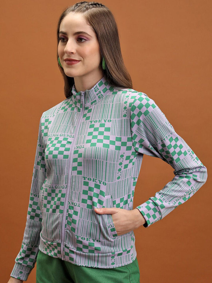 Tokyo Talkies Grey Geometric Printed Mock Collar Jacquard Open Front Jacket
