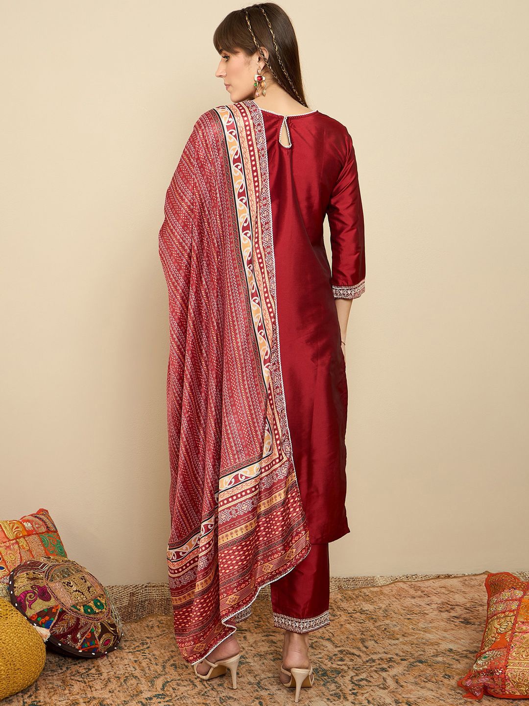 Indo Era Straight Sequinned Kurta with Trousers & Dupatta
