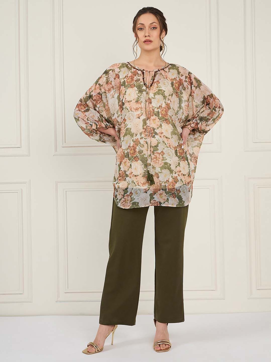Antheaa Off White Floral Printed Tie Up Puff Sleeves Sequined Tunic With Trouser