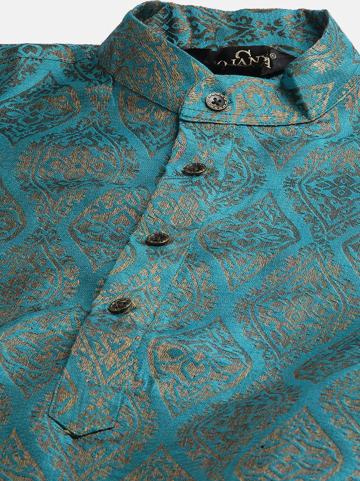 SOJANYA Kurta Motif Etnik Biru Teal & Merah Lelaki dengan Jaket Churidar & Nehru