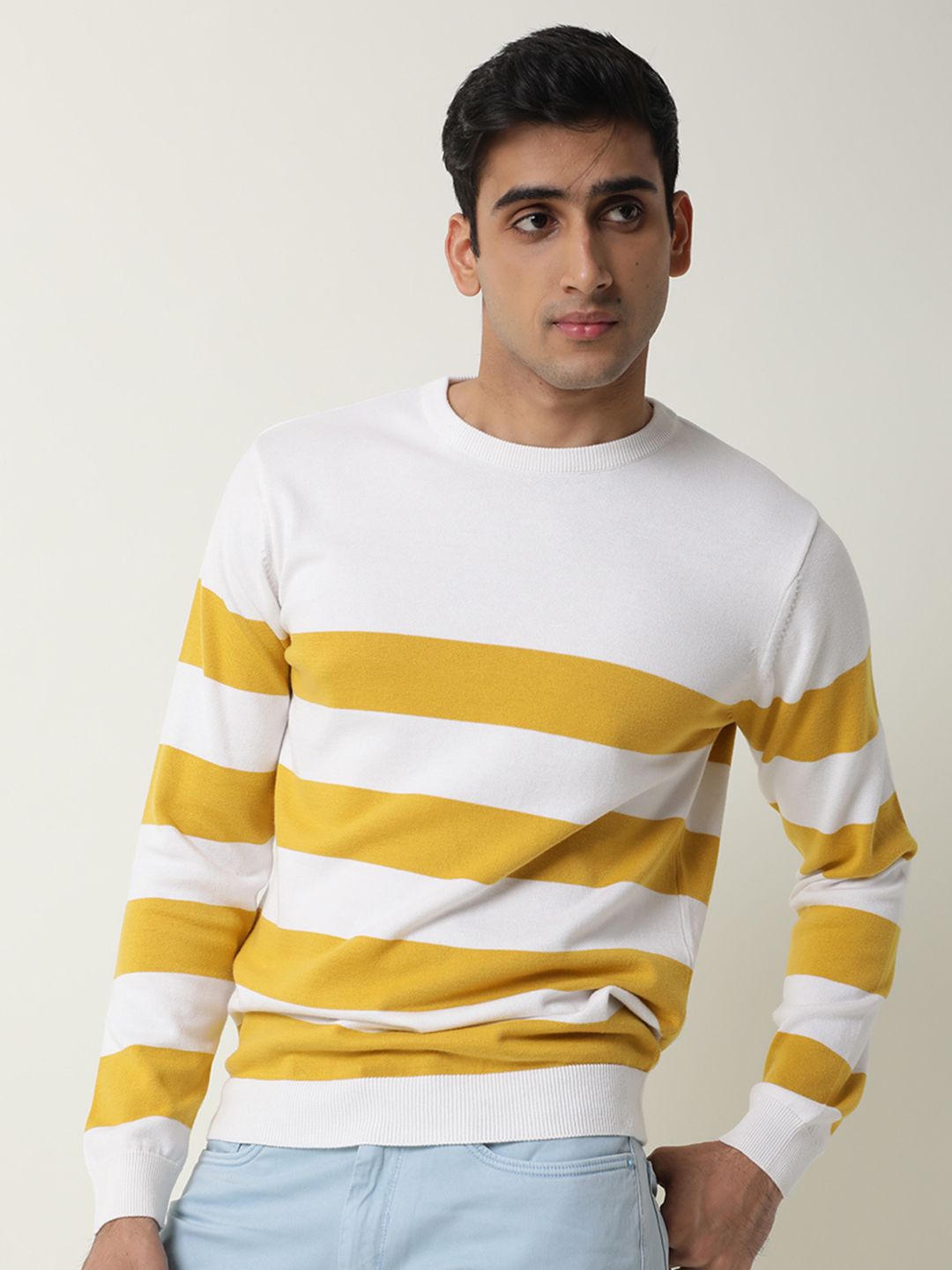 RARE RABBIT Men Marri Slim Fit White Striped Sweater