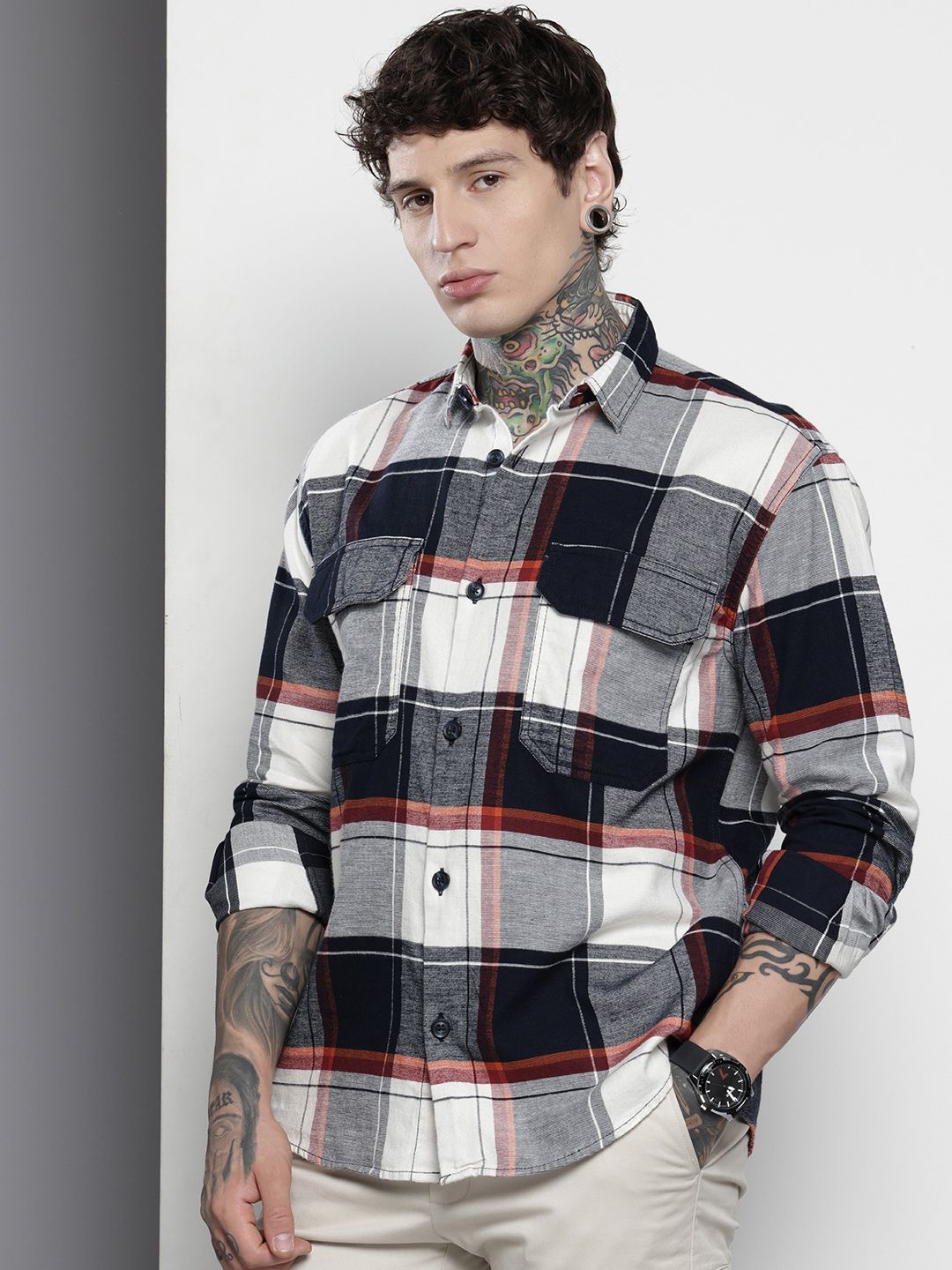 The Indian Garage Co Men Regular Fit Checkered Double Flap Casual Shirt