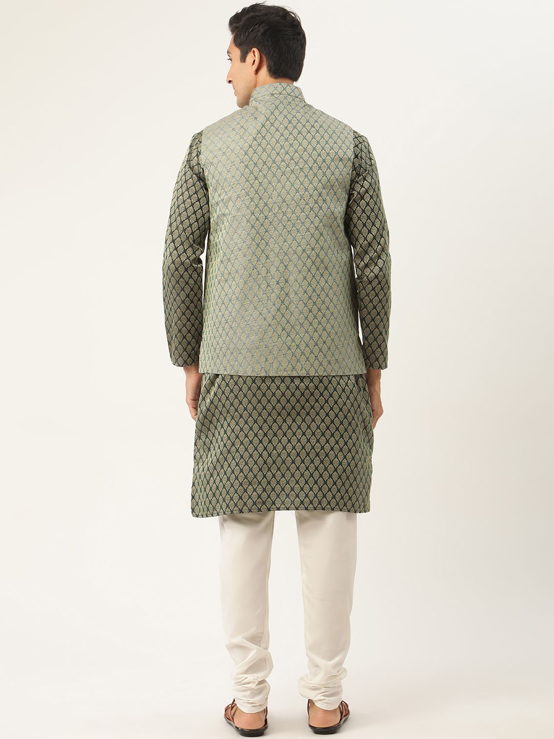 SOJANYA Kurta Motif Etnik Hijau & Putih Lelaki dengan Jaket Churidar & Nehru