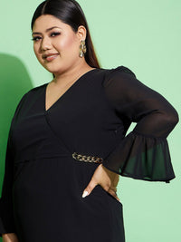 SASSAFRAS Curve Plus Size Bell Sleeves Chain Detail Wrap Dress