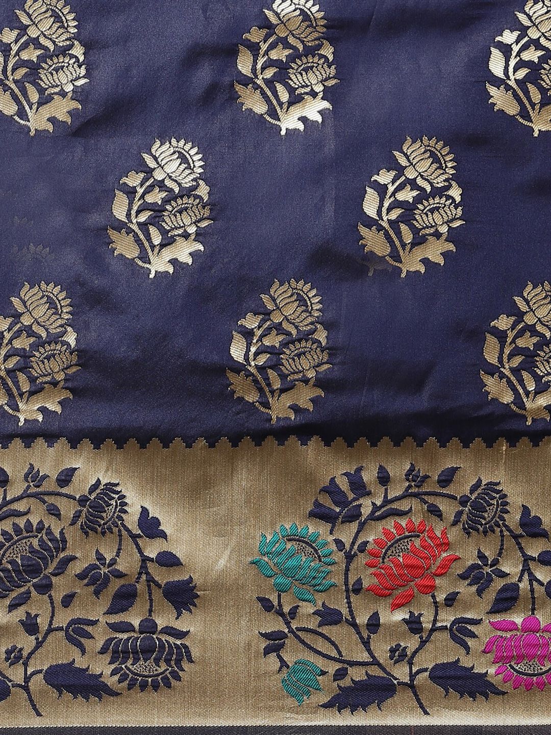 Saree mall Navy Blue & Pink Floral Zari Silk Blend Banarasi Sarees