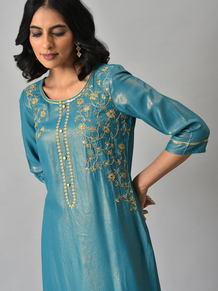 Aurelia Women Blue Zari Embroidered Kurta with Printed Culottes
