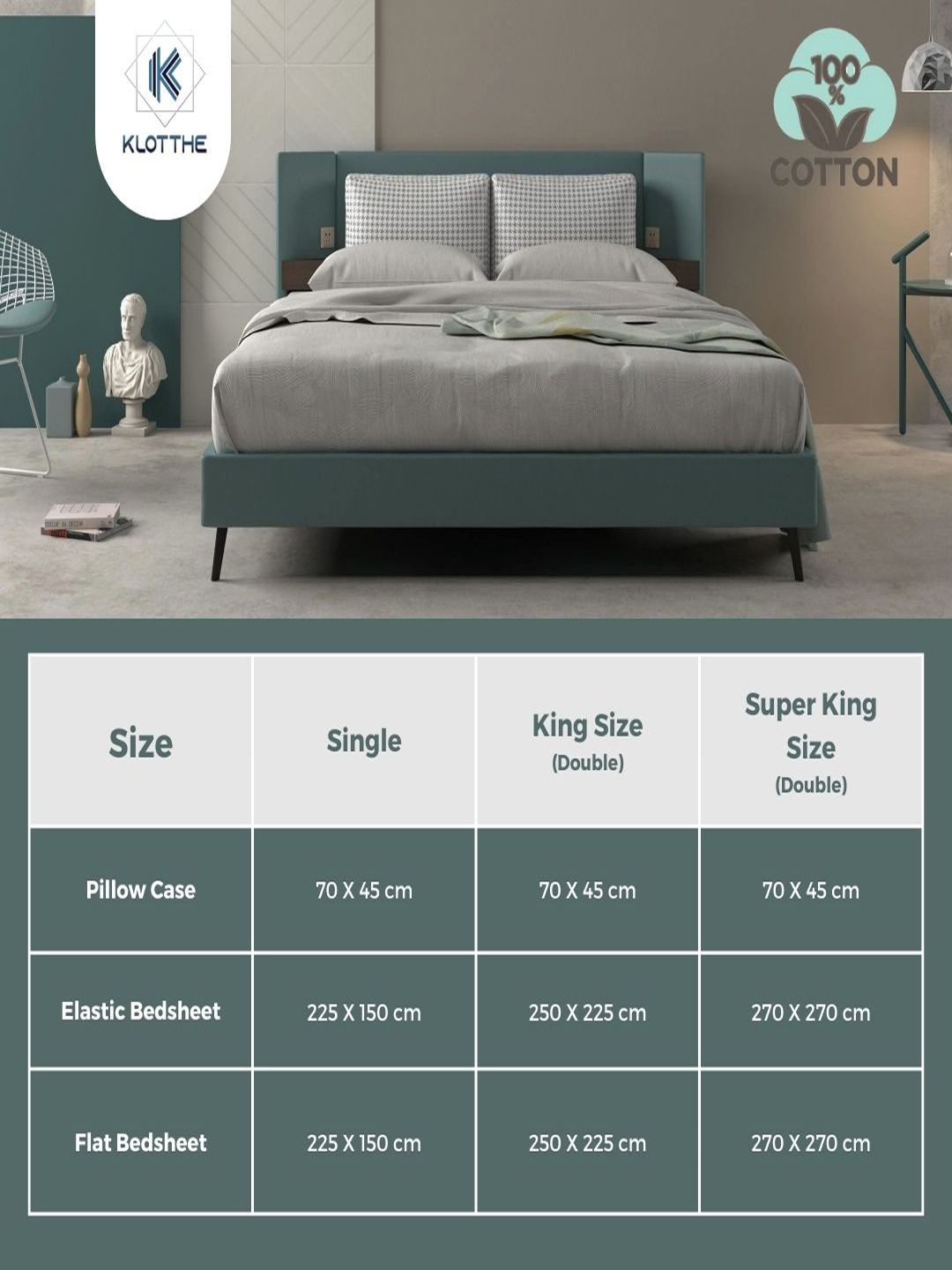 KLOTTHE Kelabu & Biru Bercetak Geometrik Kapas Tulen 400 TC Cadar Single Dengan Sarung Bantal
