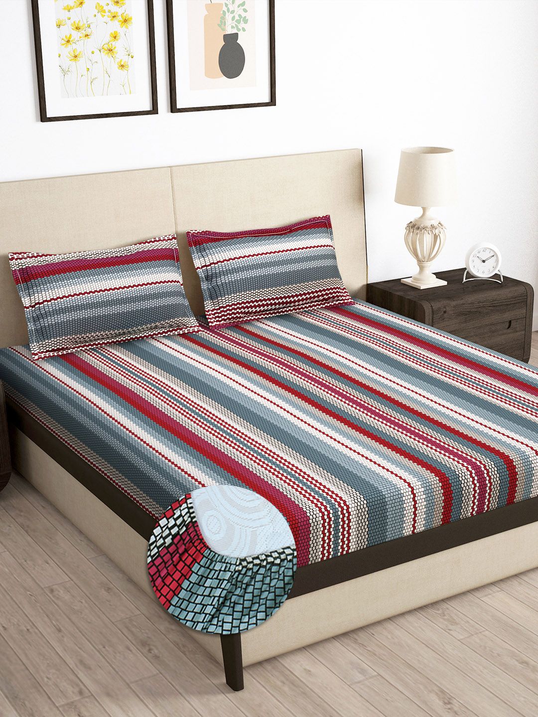 Story@home Arena Grey & Red Striped 180 TC Fitted Queen Bedsheet With 2 Pillow Covers