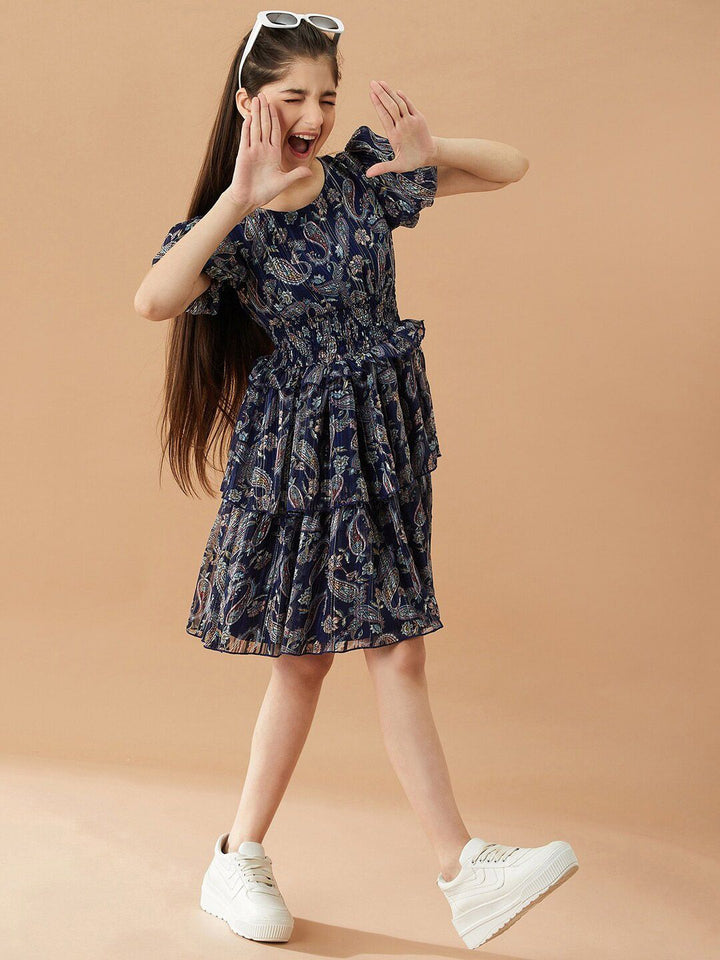 pspeaches Girls Ethnic Motifs Printed Layered Fit & Flare Dress
