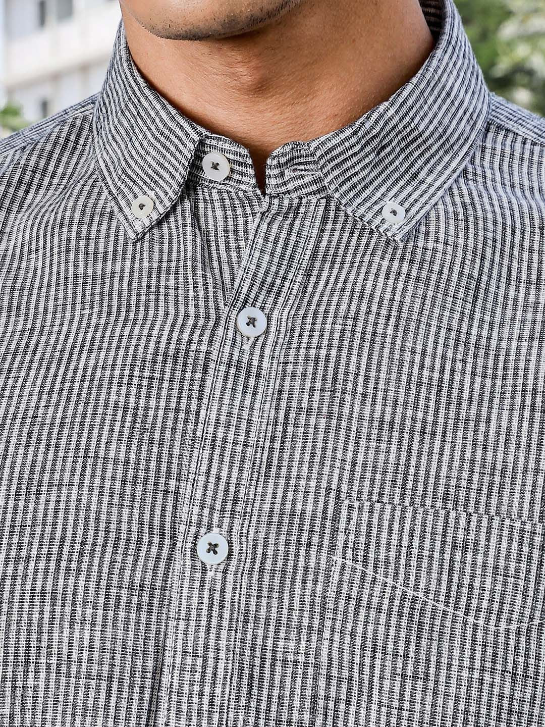 Thomas Scott Men Premium Fit Button-Down Collar Pinstripes Striped Linen Casual Shirt