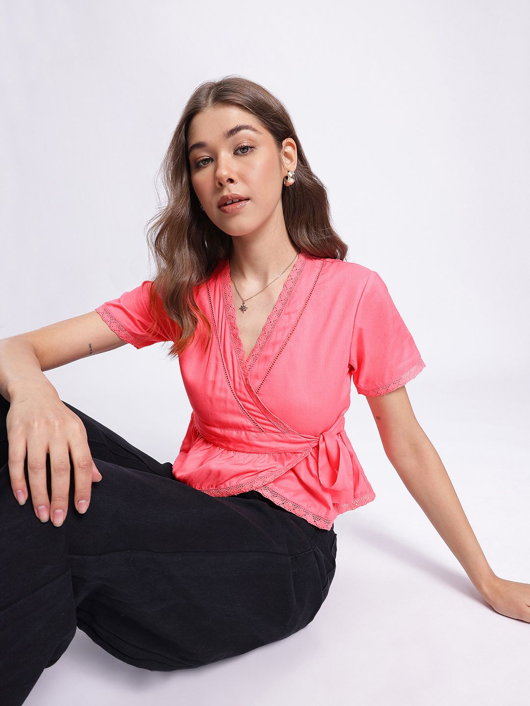 DressBerry Lace Insert Detail Crop Wrap Top