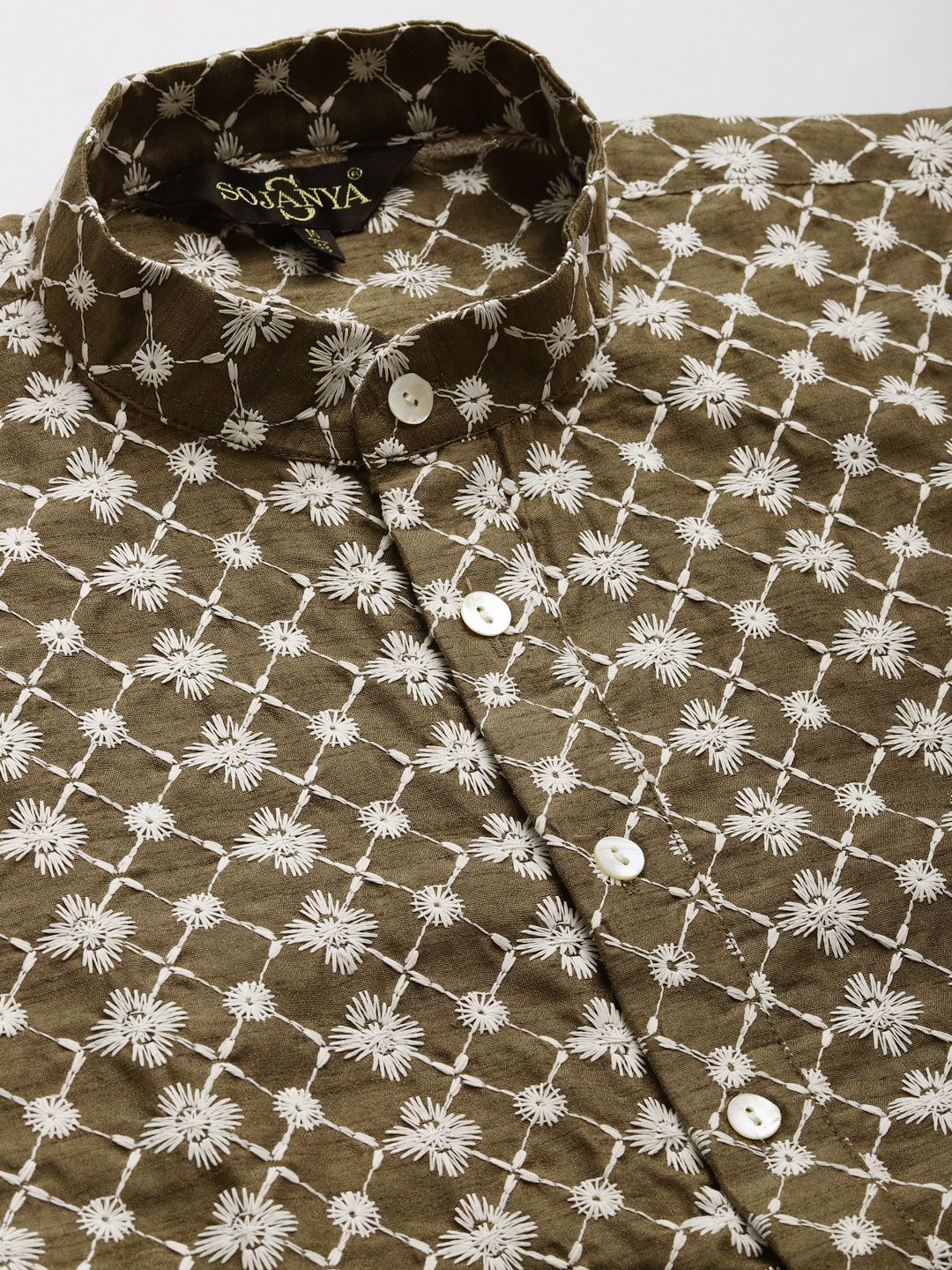 SOJANYA Lelaki Motif Etnik Zaitun Sulam Benang Kerja Kurta dengan Churidar