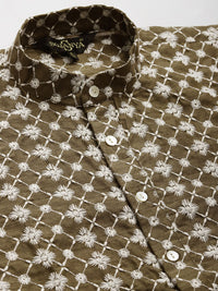 SOJANYA Lelaki Motif Etnik Zaitun Sulam Benang Kerja Kurta dengan Churidar