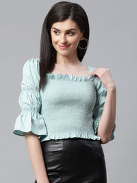 STREET 9 Green Smocked Fitted Pure Cotton Top