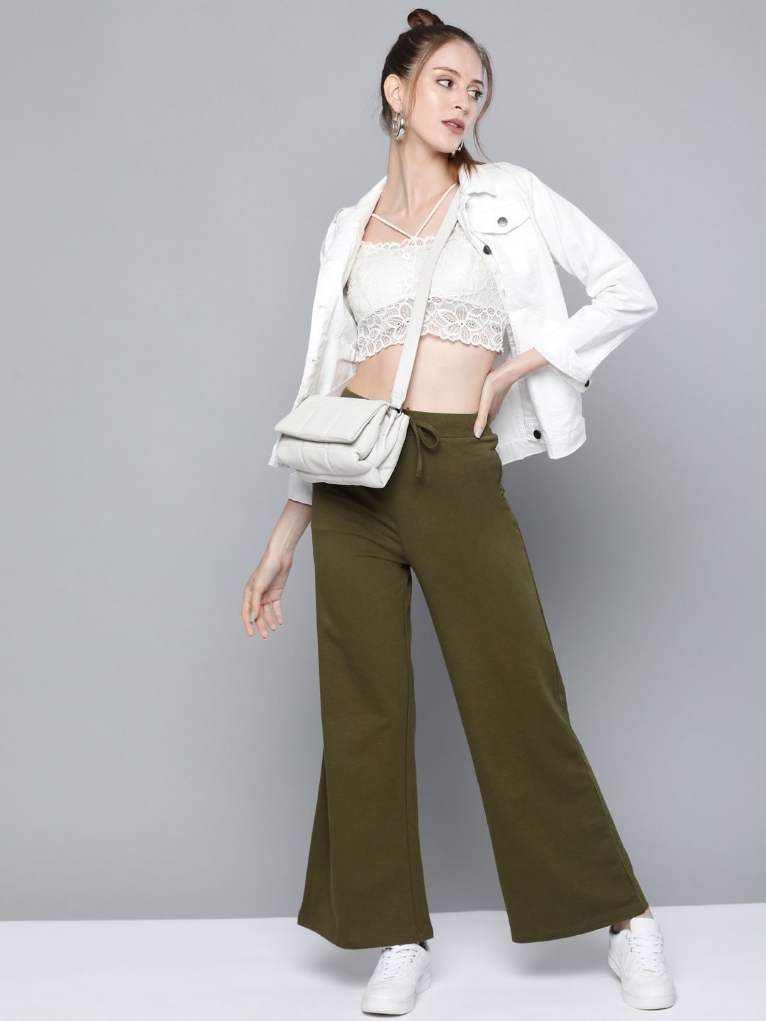SASSAFRAS Women Olive Green High-Rise Wide Leg Track Pants