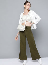 SASSAFRAS Women Olive Green High-Rise Wide Leg Track Pants
