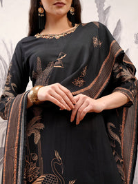 Vishudh Black Ethnic Motifs Printed Thread Work Regular Kurta with Trousers & Dupatta