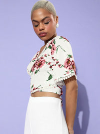 Berrylush Women White Floral Cropped Top