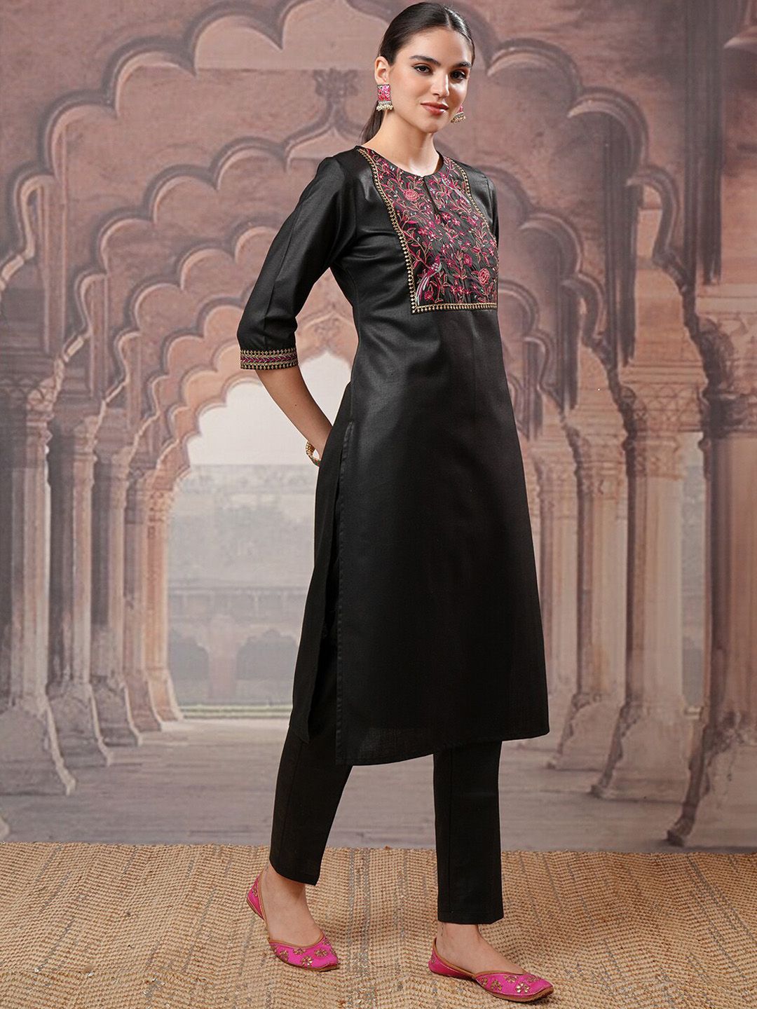 Vishudh Black Yoke Design Thread Work Kurta with Trouser & Dupatta