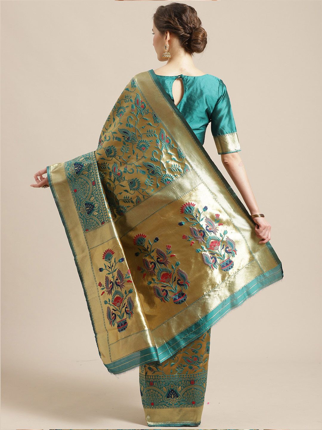 Saree mall Teal & Beige Woven Design Zari Silk Blend Heavy Work Sarees