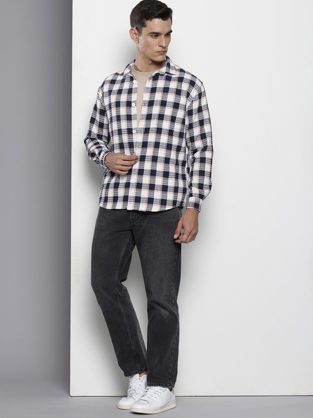 The Indian Garage Co Pure Cotton Textured Checked Drop-Shoulder Relaxed Casual Shirt