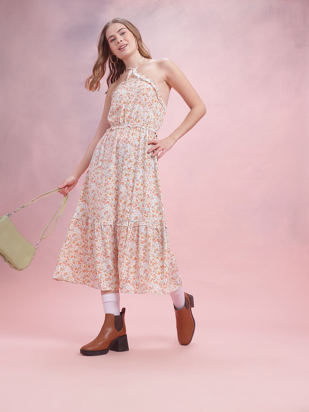 DressBerry Floral Print Halter Neck A-Line Midi Dress