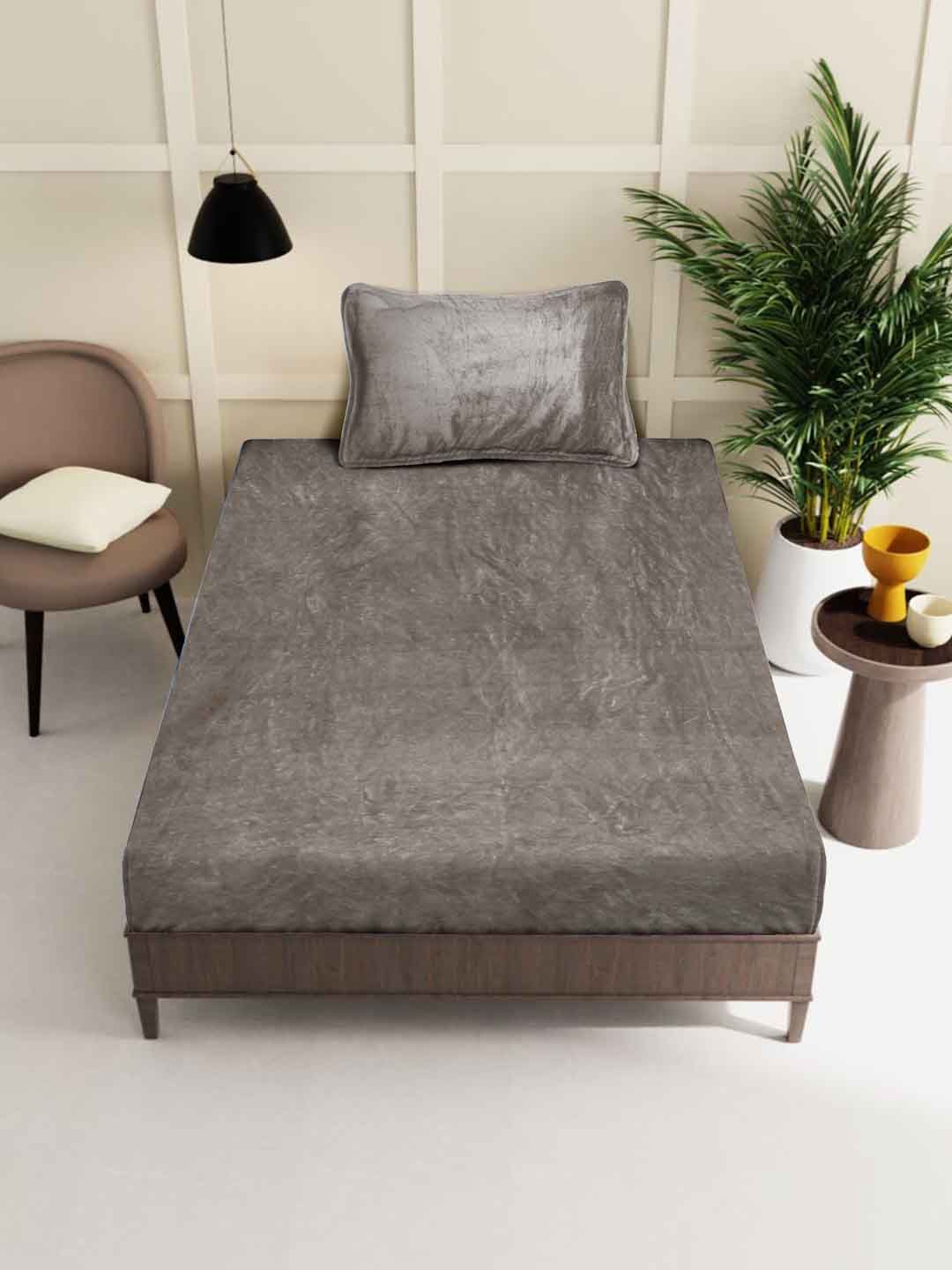 KLOTTHE Grey Solid Fitted 300 TC Woolen Bedsheet Single dengan 1 Sarung Bantal