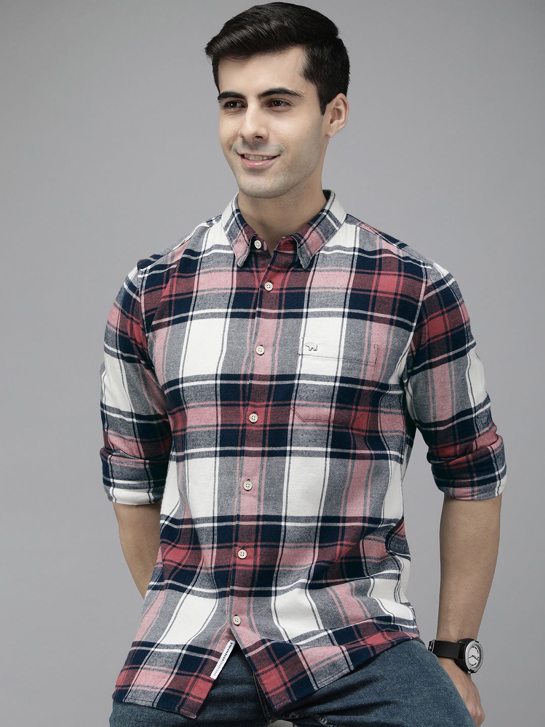 THE BEAR HOUSE Men Pink & Navy Blue Slim Fit Tartan Checked Cotton Casual Shirt
