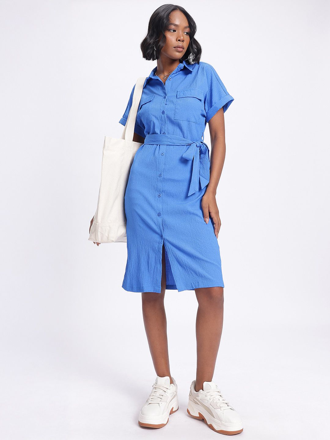 DressBerry Textured Belted Shirt Style Dress