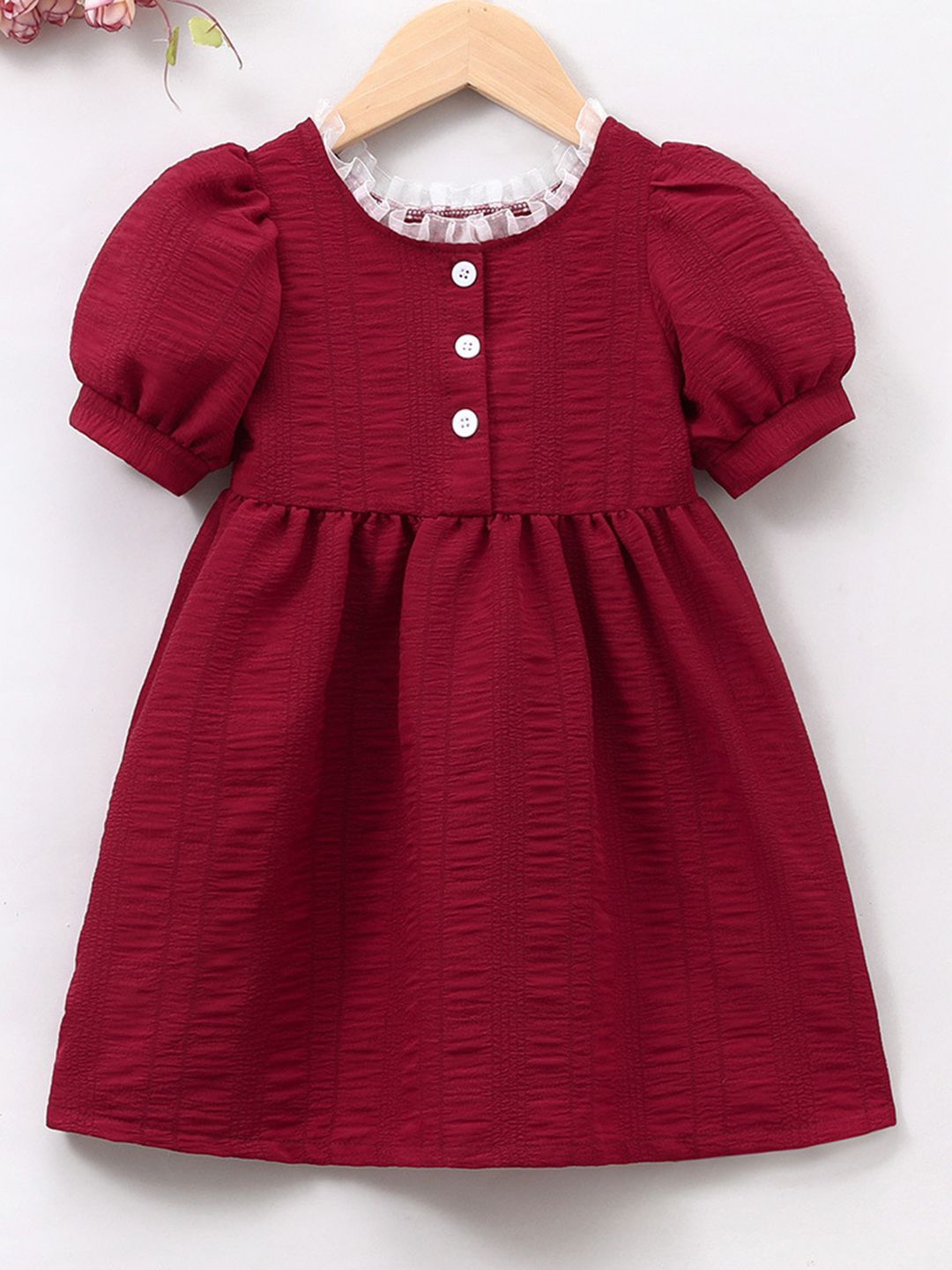 YK Girls Puff Sleeves Fit & Flare Dress
