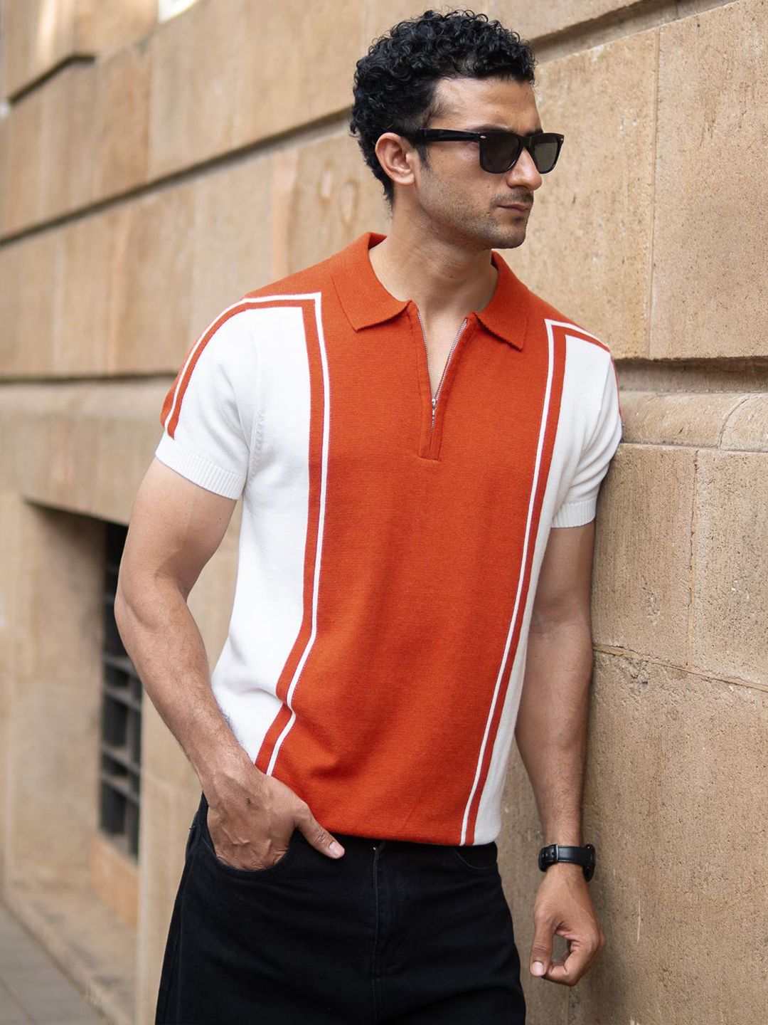 Powerlook SS25 Colourblocked Polo Collar Pure Cotton T-Shirt