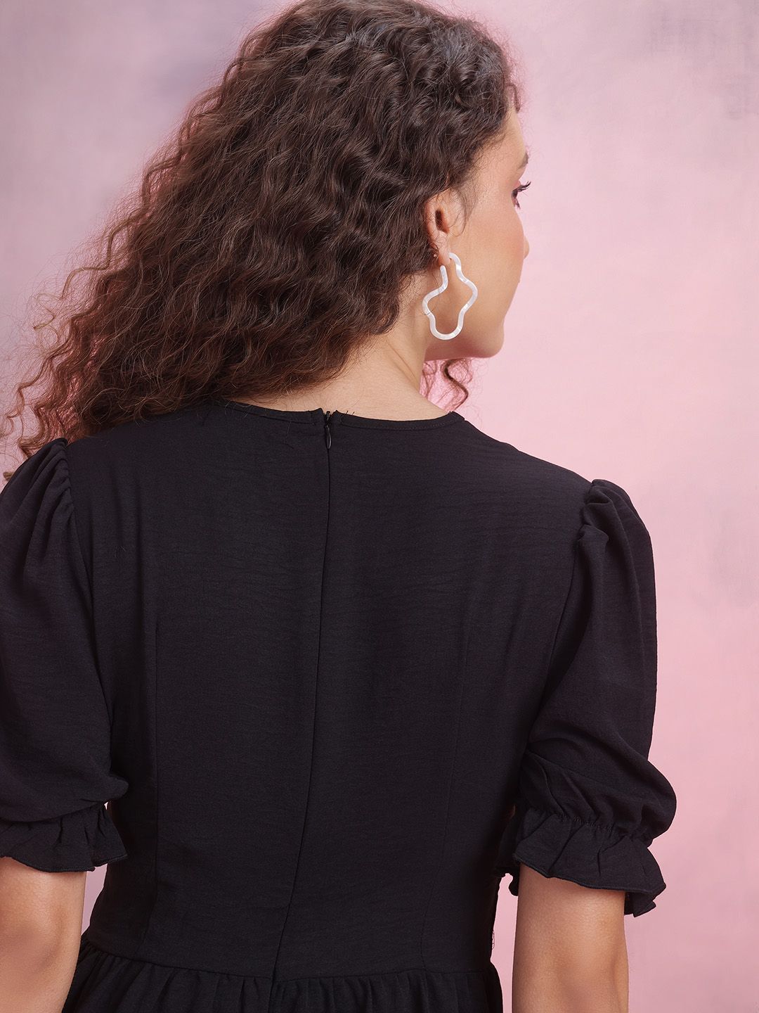 DressBerry Puff Sleeves A-Line Dress with Ruffled Detail