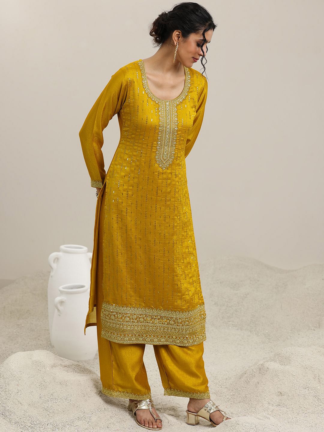 Libas Women Ethnic Motifs Embroidered Regular Sequinned Kurta with Palazzos & With Dupatta